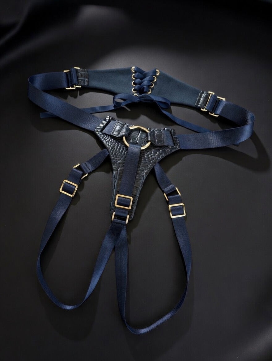 Navy Leather Crocodile Corset Back Strap-on