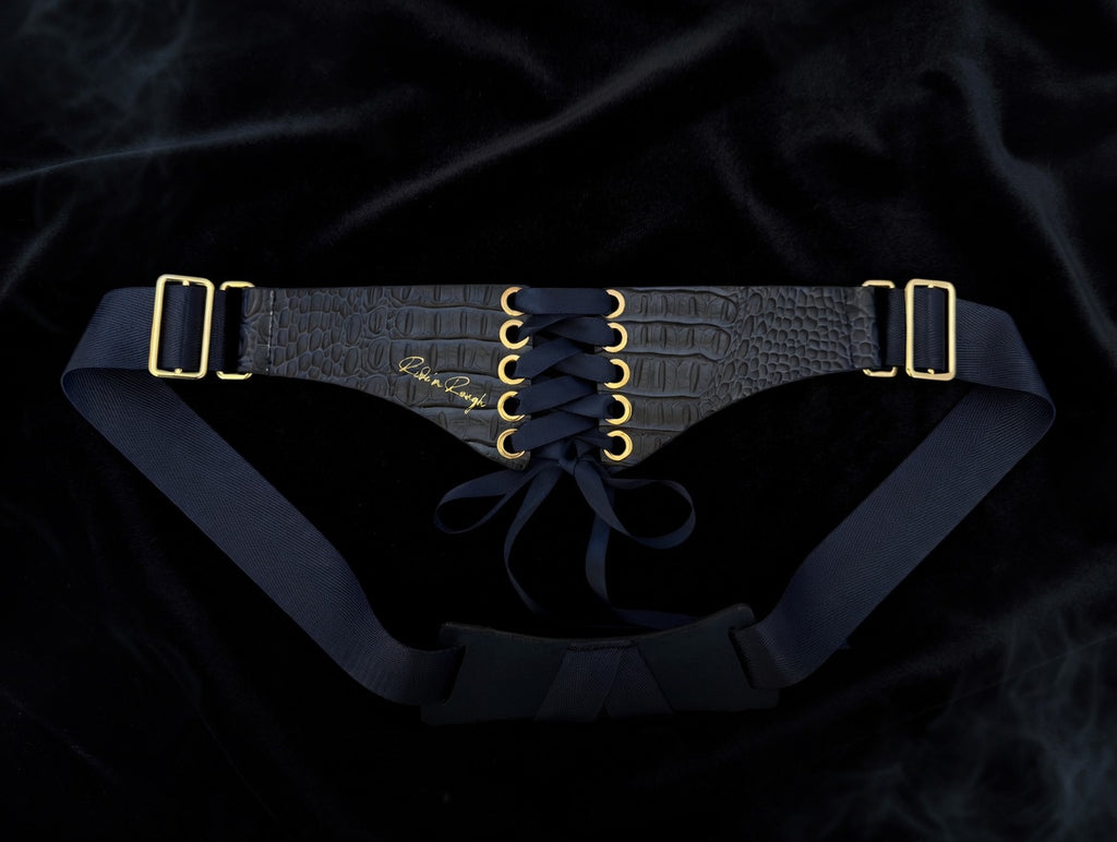 Navy Leather Crocodile Corset Back Strap-on