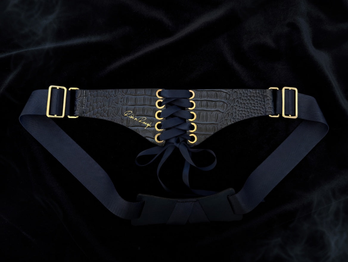 Navy Leather Crocodile Corset Back Strap-on