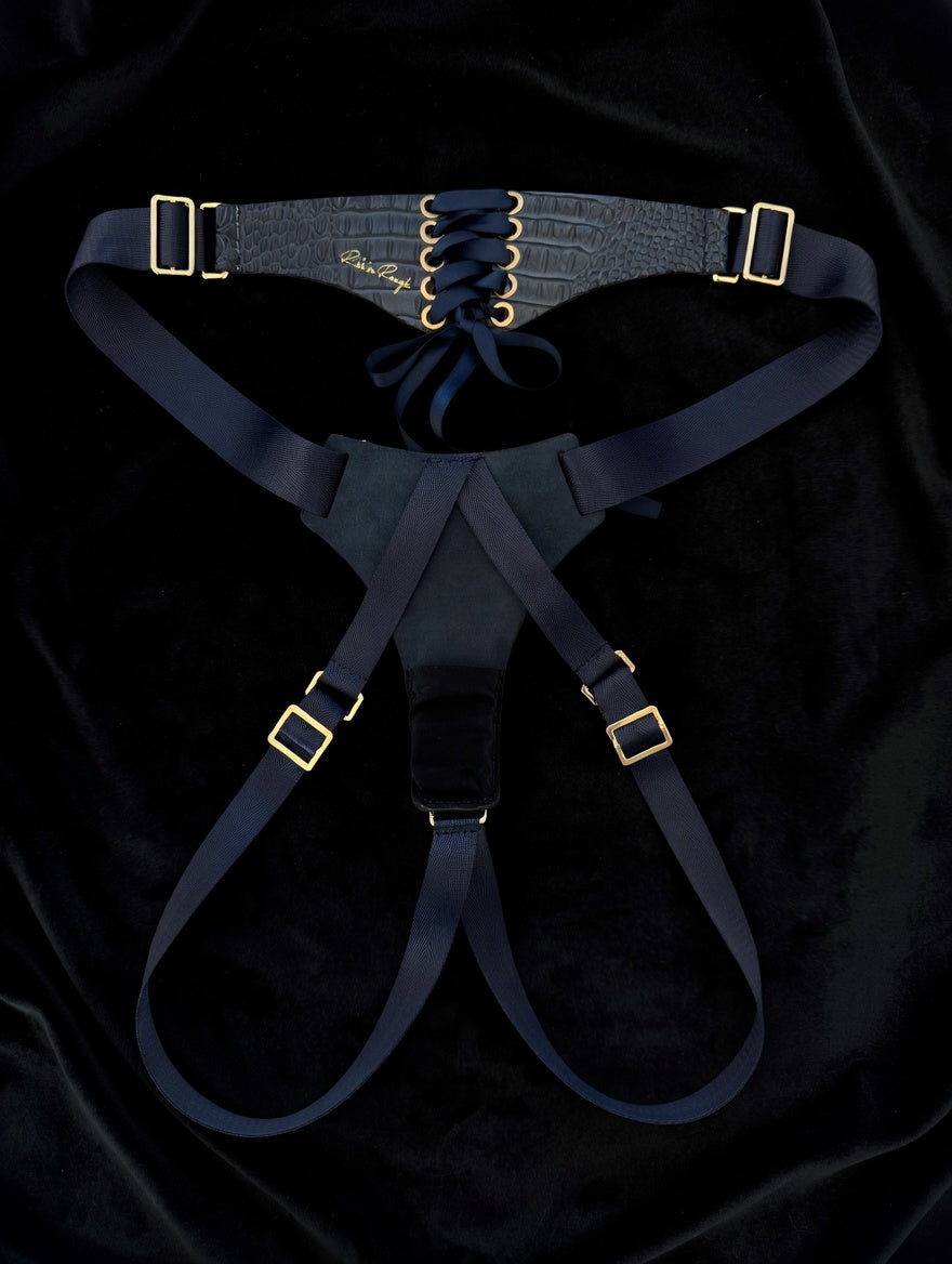 Navy Leather Crocodile Corset Back Strap-on